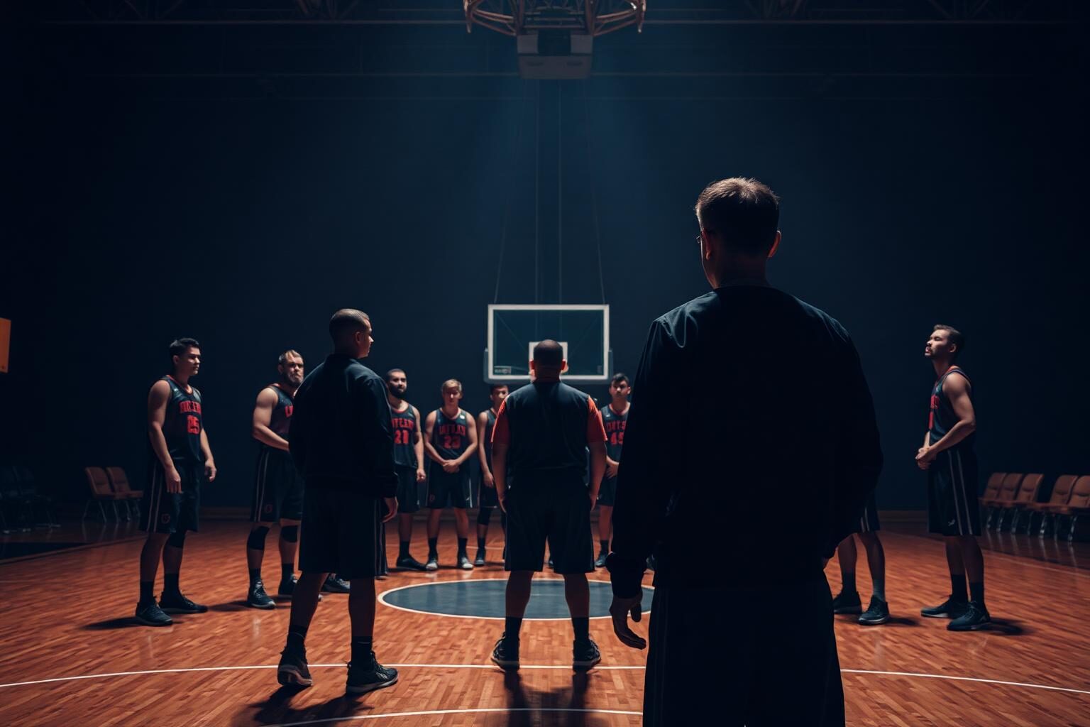 A coach addressing players in a dark gym — trust is earned with proof